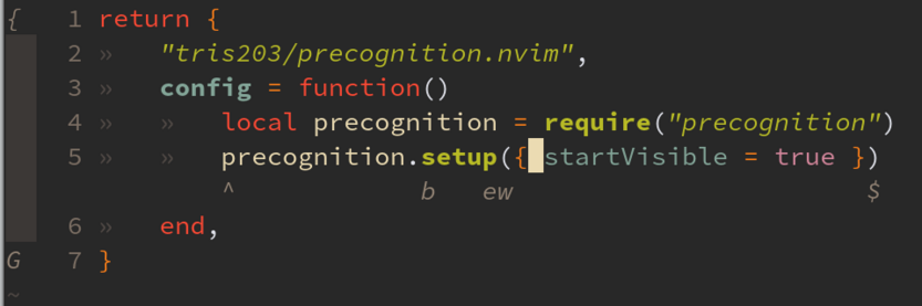 neovim lua configuration of a precognition plugind with visible motion hints